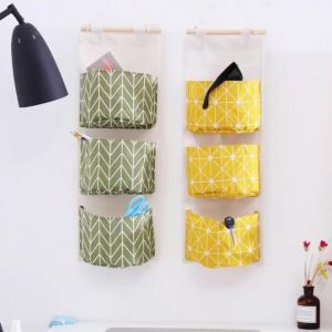 Plaid Cotton Linen Hanging Storage Bag 3 Pocket Door Organizer Wall Mount Pouch for Bedroom Bathroom Storage Holder