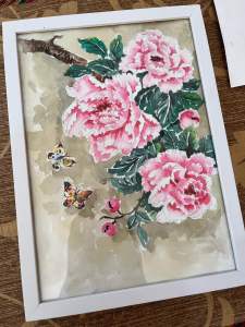 ภาพวาดดอกโบตั๋น ภาพวาดปลาทองมงคล ขนาดA4 ภาพตกแต่งห้องติดผนัง กระดาษร้อยปอนด์ สีน้ำ