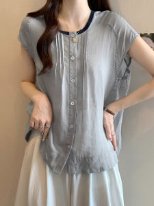 Shalldoer | เสื้อเชิ้ตแขนสั้นทรงหลวมสไตล์ฝรั่งเศสสำหรับผู้หญิง ทรงเข้ารูป ทรงเข้ารูป แขนสั้น คอตั้ง สีพื้น ทรงเข้ารูป เสื้อเชิ้ตแขนสั้น