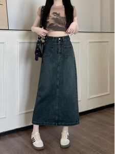 High Waist Denim Midi Skirt Womens Spring Autumn plus Size Cover Hip A-Line Skirt Vintage Slit Jeans Half Body Skirt