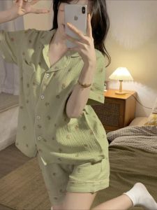Bộ Đồ Ngủ Vải Lanh Cotton Mềm Mại Mùa Hè Cho Nữ Bộ Đồ Ngủ Tay Ngắn Ngọt Ngào Bộ Đồ Ngủ Vải Cotton Polyester Thoải Mái
