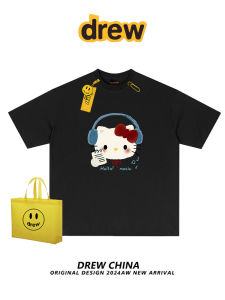 เสื้อยืดแขนสั้นลายการ์ตูนแมว KT สไตล์อเมริกัน หลวมๆ ลำลอง คู่รัก เสื้อผ้าทำงาน ผ้าฝ้ายแท้ ฤดูร้อน 2025 เสื้อผ้าทำงาน