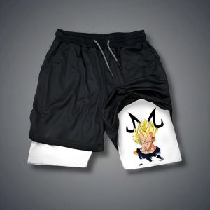 Bandai | Dragon Ball Mens Shorts Double Layer 2-in-1 Pants Vegeta Japanese Anime Summer and Autumn Fake Two-piece Trendy Sweatpants