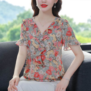 WOUEY เสื้อชีฟองผู้หญิงคอวีขนาดใหญ่พิเศษแขนสั้นลูกไม้หรูหราแต่งระบายแขนเสื้อแฟชั่นเสื้อชีฟองผู้หญิง