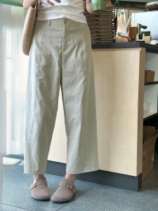 Khaki Casual Pants Womens Anti-Wrinkle Nine-Piece Slim Straight Leggings High Waist Button Polyester Fiber Summer Ladies