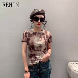 REHIN Womens top New Summer fashion mesh Unique pattern desig smudge printed short-sleeved T-shirt round-neck Slim S-3XL thin elegant trendy blouse