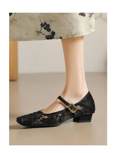 Kmeizu Fairy Mary Janes Womens Shoes Breathable Mesh Hollow out Lace up Single Strap Fashionable Retro Style round Toe mid Heel