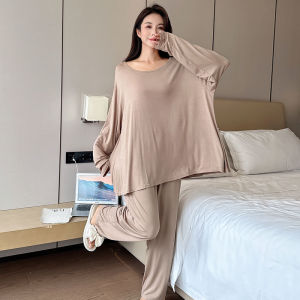 Autumn Pajamas Womens Plus Size 100.00kg Plus Size Ladies Spring & Fall Thin Pure Color Bamboo Fiber Home Wear Two-piece Set Can Be Outwear