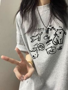 Pure Cotton Short Sleeve T-Shirt Women Summer New Design Loose Fit Casual Top Korean Style round Neck Print Graphic Tee