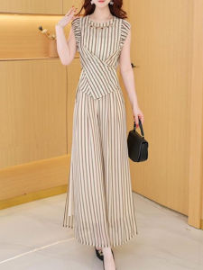 Shalldoer | Casual Commute Set Womens Summer Slimming Stripe Sleeveless Shirt Wide Leg Pants Two Piece Set Fashionable Leisure Style