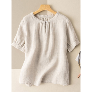 Plus Size Loose Fitting Casual Cotton Hemp Short Sleeve Shirt
