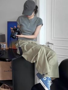 HUOLISI | French Style Straight Shoulder Short Sleeve Fitted T-Shirt