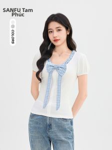 SANFU | Plaid Bow Sleeve Summer Short Sleeve Sweet Casual Top