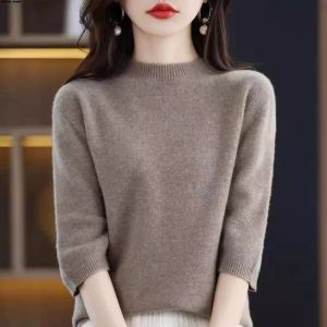 Soft Simple Thin Comfortable Womens Turtleneck Jumper Wool ¾ Sleeve