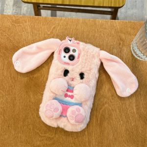 3D Cute Cartoon Fluffy Fur Rabbit Ears Button Plush Phone Case For iPhone 16 15 14 13 12 11 Pro Max Shockproof Protective Cover