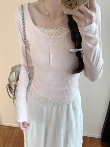 French Romantic Floral Print Long Sleeve T-Shirt Womens Inner Wear Lace Trim Fake Two-Piece Sweet Spicy Girl Base Top