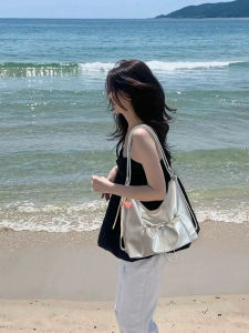 Silver Large Capacity Womens Tote Bag 2025 New Luxury Commuter Double Shoulder Backpack Soft PU Leather Casual Style