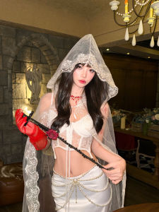 Original Halloween Cosplay Ghost Bride Costume White Lace Trim Net Veil Cloak Hair Accessory Photography Props Headwear