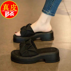 Leather Thick Heel Sandals Womens Summer 2024 Casual Beachwear Flat Strap Slippers Comfortable Glueing Process Rubber Sole