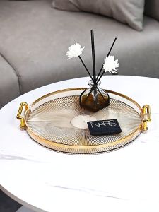 O-KAY Large Round Tray with Handle Gold Serving Trays Decorative Luxury Tea Tray Coffee Table Decor