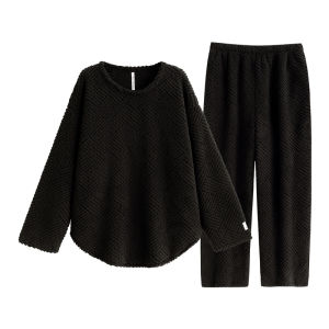 yuenei | YueNei Mens Sleepwear Round Neck Pullover Fleece Lined Thickened Flannel Coral Velvet Home Clothes Black Winter Style Set