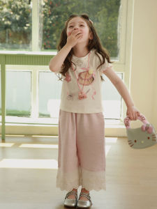 Summer Short Sleeve Outfit for Girls Cool Sensation Cork Edge Baby Clothes Cotton Polyester Sweet Style Childrens Ensemble