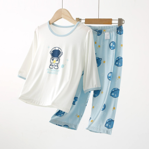 Childrens Modal Sleepwear Thin Summer Home Clothes Set Cartoon Design Air Conditioning Suit Boys Long Pants round Neck