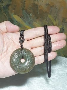 Premium greenish caramel brownish Nephrite large Donut ("Ping An Kou") carved both sides Ancient Beast Heads (Taotie pattern) Pi Xiu Jade pendant (with certificate) [Natural Crystal] 和田玉且末青白糖大平安扣双面浮雕古兽头(饕餮纹)貔貅吊坠(带证书)
