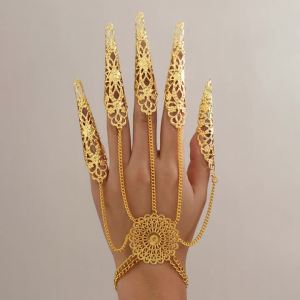 Ingemark | Vintage Goth Dubai Indian Hollow Finger Wrist Chain Bracelets for Women Wed Bridal Punk Nail Rings Bracelet Cosplay Hand Jewelry