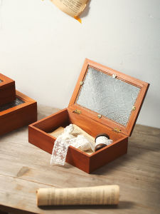 Retro Chinese Style Solid Wood Desktop Storage Box Ornament Sundries Storage Box Wooden Begonia Glass Flip Jewelry Box
