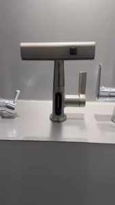 Stainless Steel Satin Finish Pull-Out Shower Faucet with LED Temperature Display and Chrome Spout for Bathroom Sink