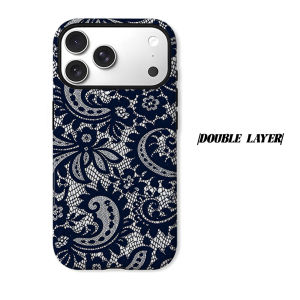 Dark Blue Lace Paisley Phone Case for iPhone 18 17 16 15 14 13 12 11 Air Pro Max Plus Double-layer Cover