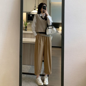 High Waist Casual Khaki Trousers for Women Spring Season Loose Straight Leg Harem Pants Slimming Vintage Nine Point Trousers