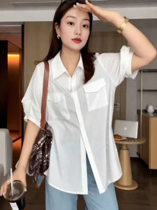 plus Size Womens Polo Collar Short Sleeve White Striped Shirt Slimming Vertical Stripes Summer New Style Korean Loose Fit Blouse