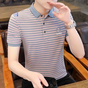 ROMON | Lormen Mens Stripe Short Sleeve Polo Shirt Summer Thin Ice Silk Business With Collar Top Pure Cotton T-Shirt Body Fashion Urban Youth Quick Dry