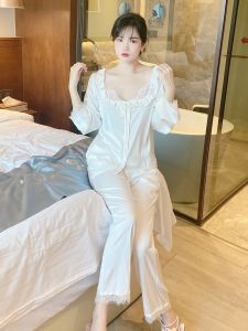 Lụa Satin Đồ Ngủ Nữ Xuân Hè Mùa Thu Tay Dài Mỏng Quần Dài Bộ Hai Món Có Thể Mặc Bên Ngoài Phong Cách Công Chúa Quần Áo Gia Đình