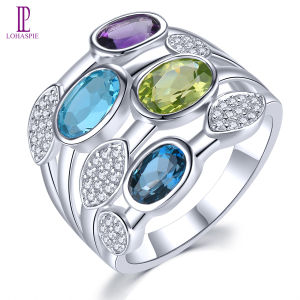 Lohaspie Đồ Trang Sức Tinh Khiết 4.2 Carats Vòng Bạc 925 Ban Đầu màu xanh dương tự nhiên Topaz Peridot Vòng 925 Vòng Tròn Bạc Với Đá Nhiều Màu Đá Quý Nhẫn Topaz Màu Xanh Cho trang sức nữ