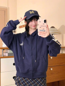 Korean Style Long Sleeve Butterfly Knot Color Block Striped Womens Embroidered Letter Zipper Hoodie Cardigan Jacket
