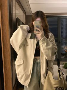 Retro American Style Womens Jacket Loose Fit Baseball Style Embroidered Contrast Color Early Autumn Short Outerwear