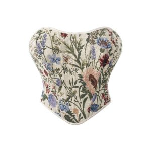 Womens Apricot Floral Tapestry Jacquard Corset Strapless Sweetheart Back Lace Up Vintage Cottagecore Bustier Top
