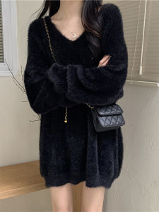 2023 New Korean Style Loose Lazy Soft V-neck Knitwear Medium Length Sweater Slimming Trendy Top for Young Women