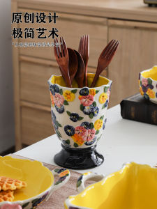 American Elegant Ceramic Bowl with Handle Underglaze Color Baking Noodles Soup Bowl Heat Resistant Creative Home Use Fruit Salad Bowl