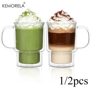 1/2PCS 450ml Double Coffee Glass Cup with Handle Borosilicate Glass Coffee Cups Glass for Cappuccino Tea Brown Sugar Macchiato