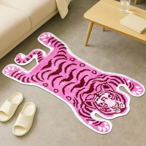 VIKAMA Tiger Shaped Floor Mat Pink Striped Kitten Print Non Slip Absorbent Bathroom Doormat Bedroom Home Decoration
