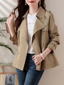 เสื้อแจ็คเก็ตผู้หญิง ทรงสั้น 2025 ฤดูใบไม้ผลิและฤดูใบไม้ร่วง คอสูท 2 แถว สายรัด แฟชั่นเกาหลี สำหรับผู้หญิง ชุดเสื้อผ้าทำงาน