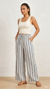 Ginza6 Cotton Linen Boho Chic Stripes High Waist Wide Leg Pants Loose Fitting for women 1295#
