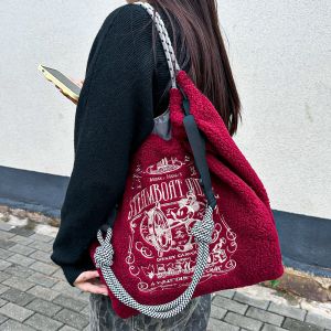 Japanese Tote Bag Cartoon Embroidery Teddy Velvet Fall and EWinter Plush Large Capacity Women Fur Handbag Soulder Crossbody