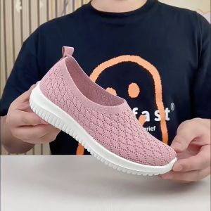 Korean Red Rubber Walking Shoes For Women Fly Woven Comfortable Casual Soft Shoes Low Cut Mesh Sneakers