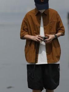 Japanese Style Short-Sleeved Shirt Mens 2024 Summer Trendy Loose Shirt Boys Casual All-Matching Lapel Overalls