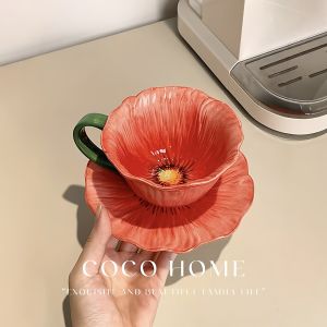 Elegant Floral Ceramic Coffee Mugs Set for Office Workers High End Creative Office Ladies Coffee Cups with Mat Vintage Style